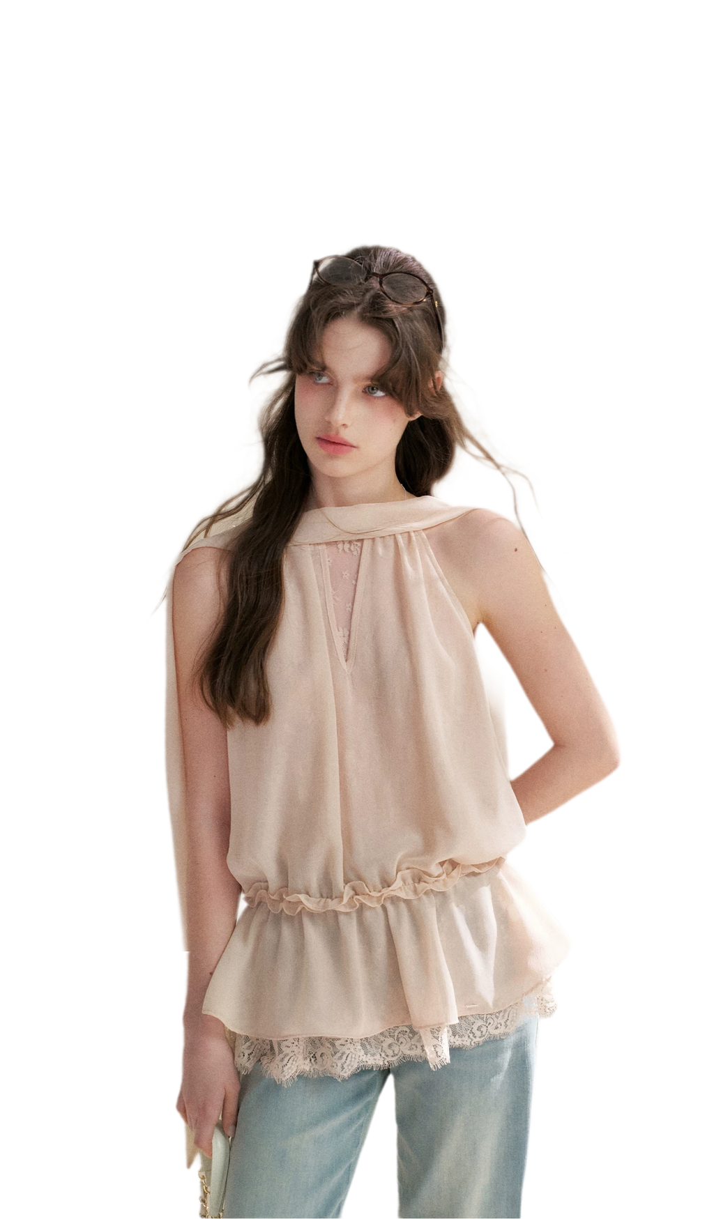 Chiffon Lace Halter V-Neck Blouse