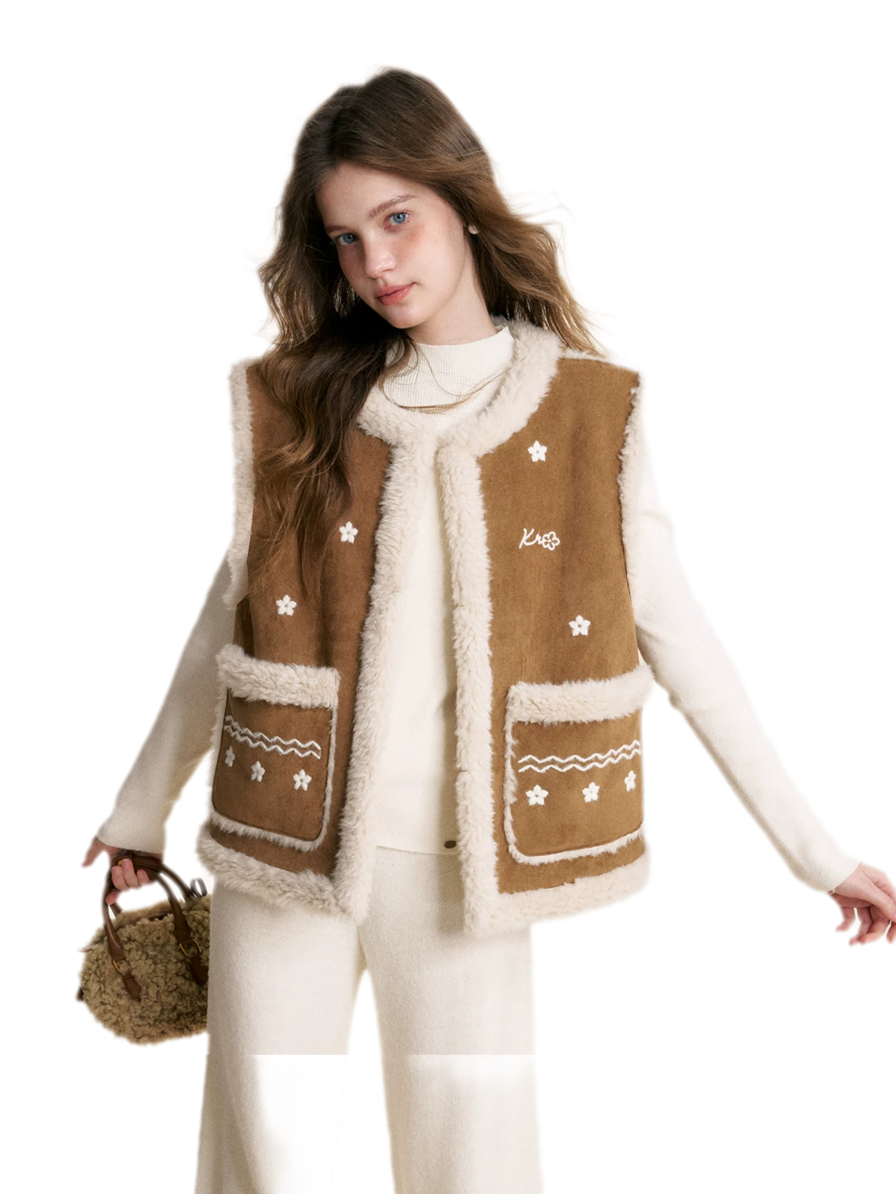 Shearling Floral Embroidered Vest