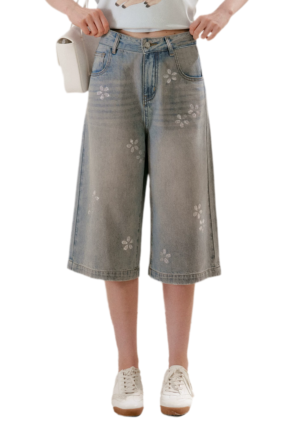 Rhinestone Floral Denim Culottes