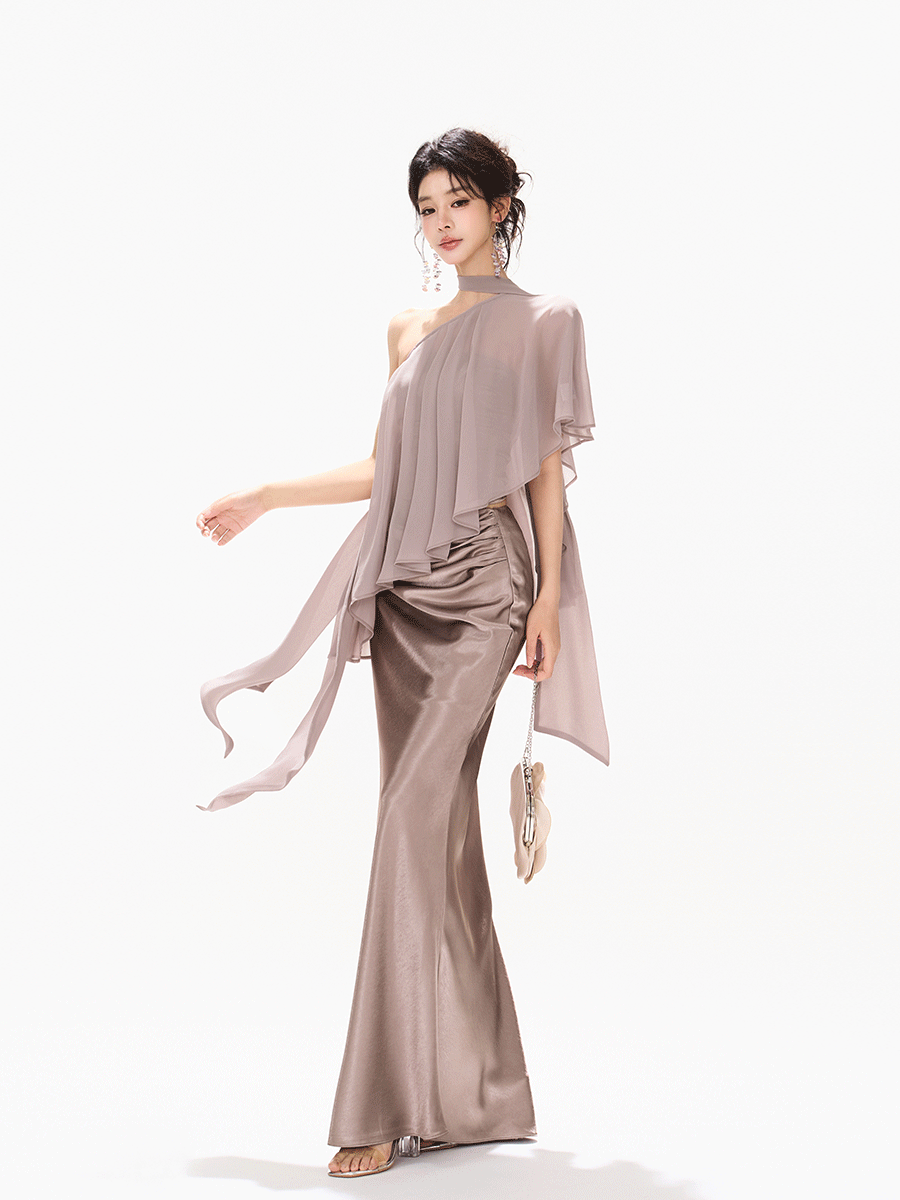 Amber Glow High-Waist Fishtail Satin Skirt