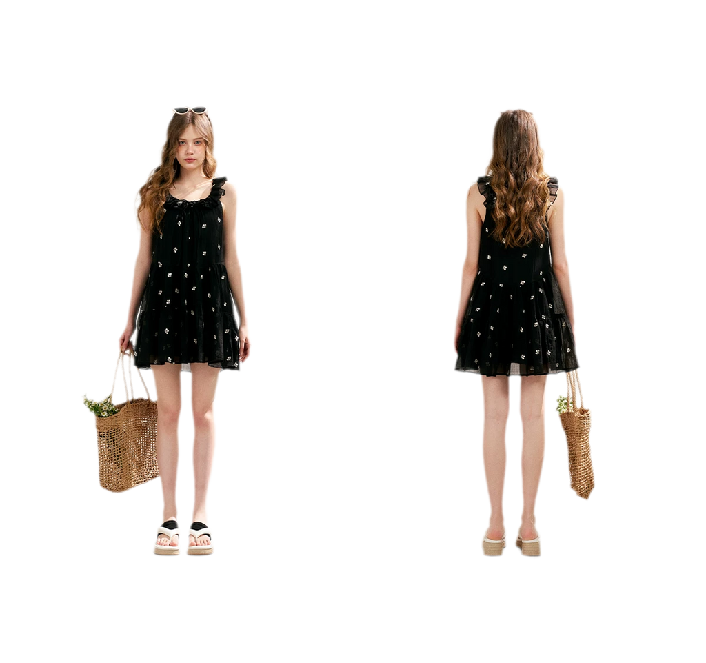 Tencel Embroidered Ruffle A-line Dress