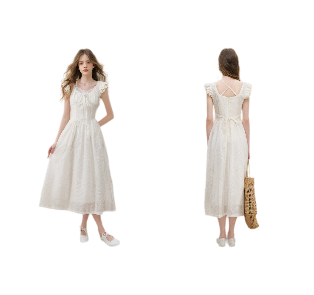 Embroidered Flutter Sleeve Dress