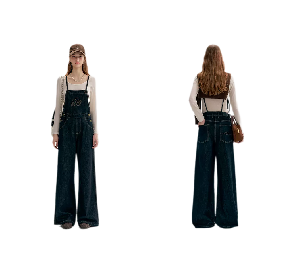 Contrast Floral Denim Overalls