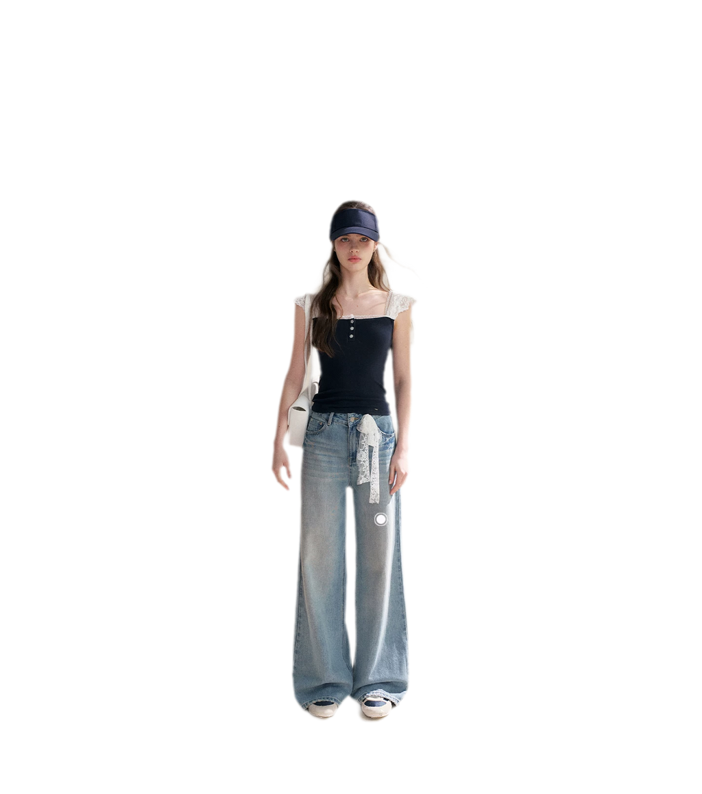 Lace Edge Wide Strap Knit T-Shirt