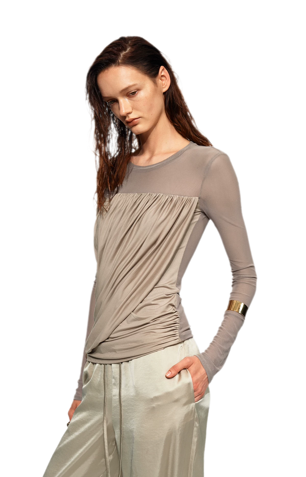 Draped Mesh Long Sleeve Tee