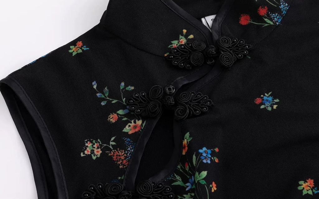 Dark Floral Mesh Qipao Dress