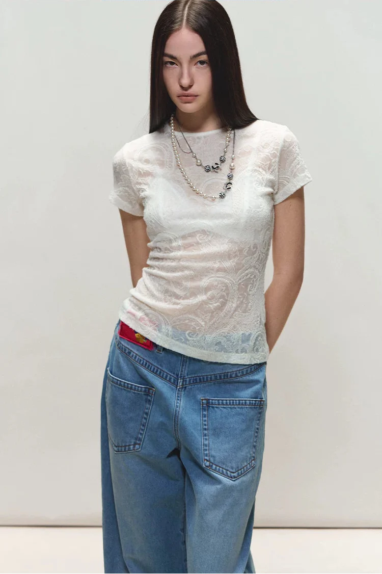 Sheer Wool Lace Paisley Short Sleeve T-shirt