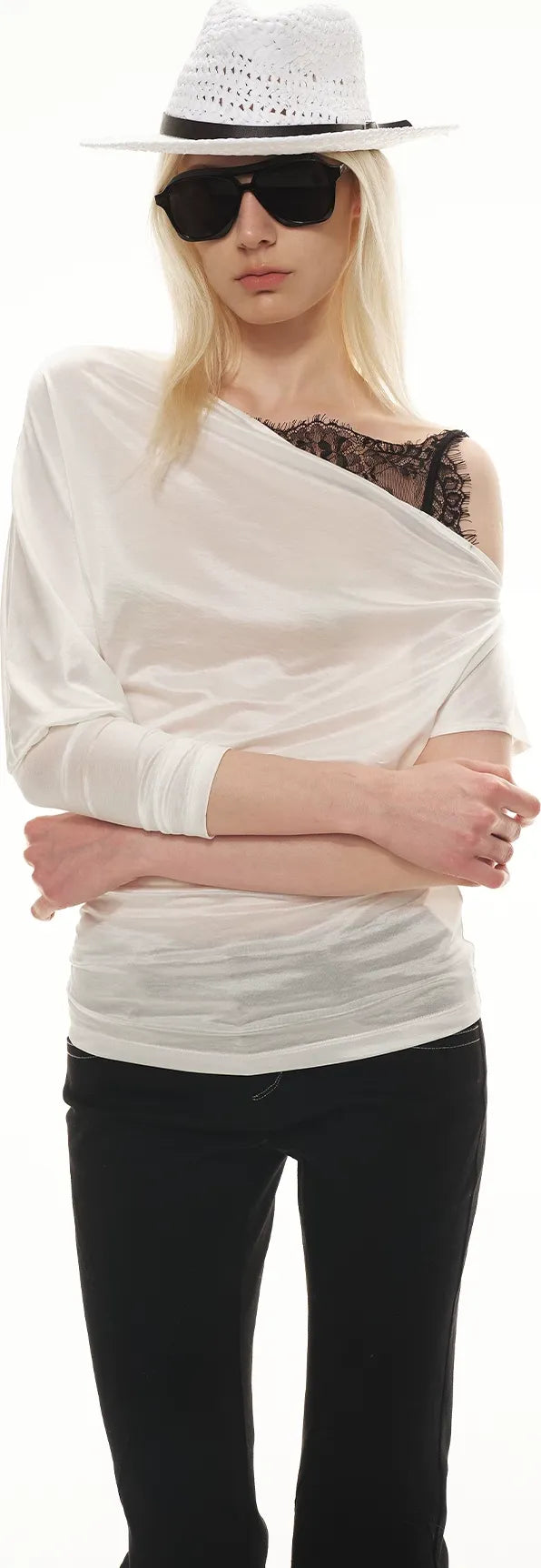 Satin Off-Shoulder Lace Trim T-Shirt