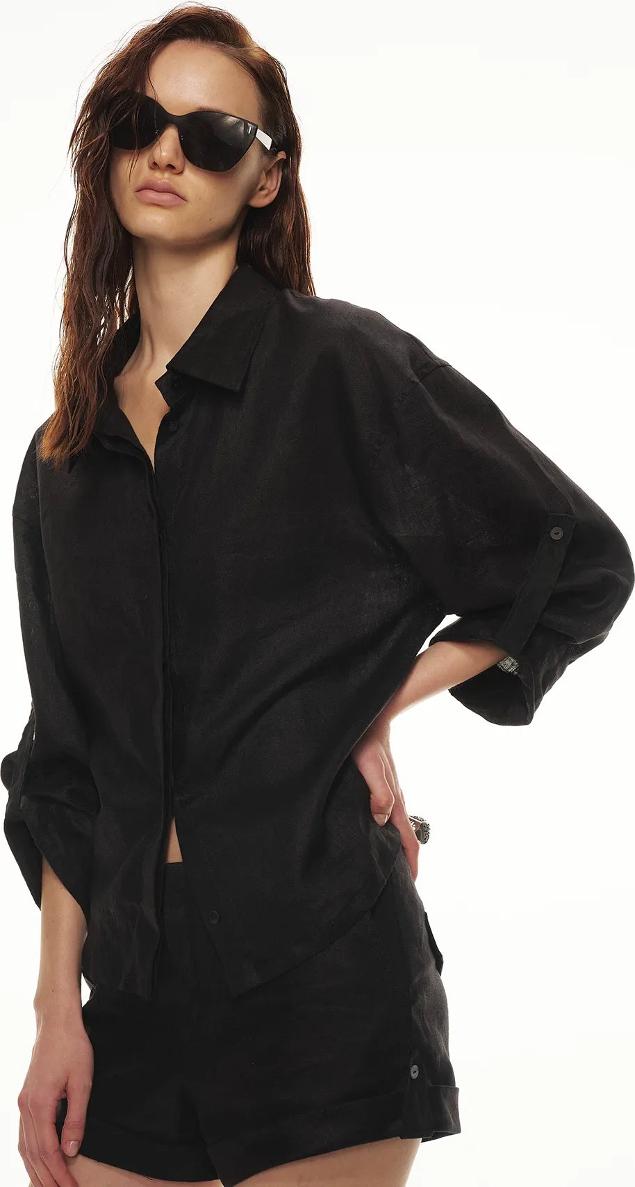 Linen Waist-Defined Shirt & Low-Rise Rolled Shorts Set