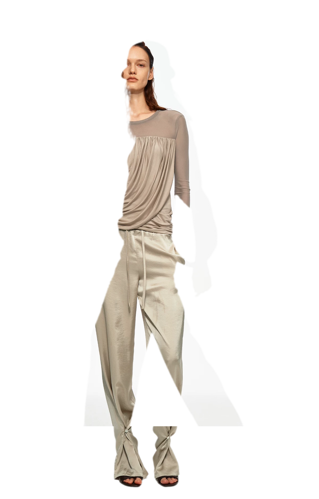 Draped Mesh Long Sleeve Tee