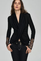Embroidered Acetate Silk Cross-Knot Long Sleeve T-Shirt
