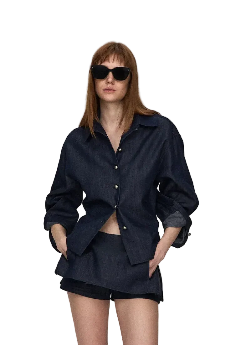 Tencel Linen Denim Shirt & Low-Waist Skirt