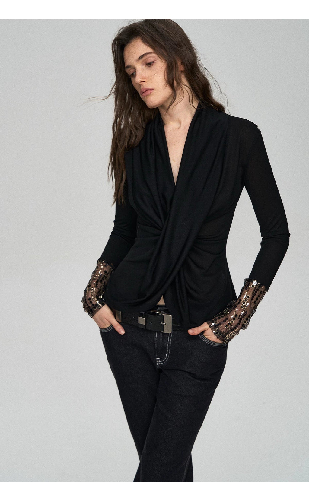 Embroidered Acetate Silk Cross-Knot Long Sleeve T-Shirt