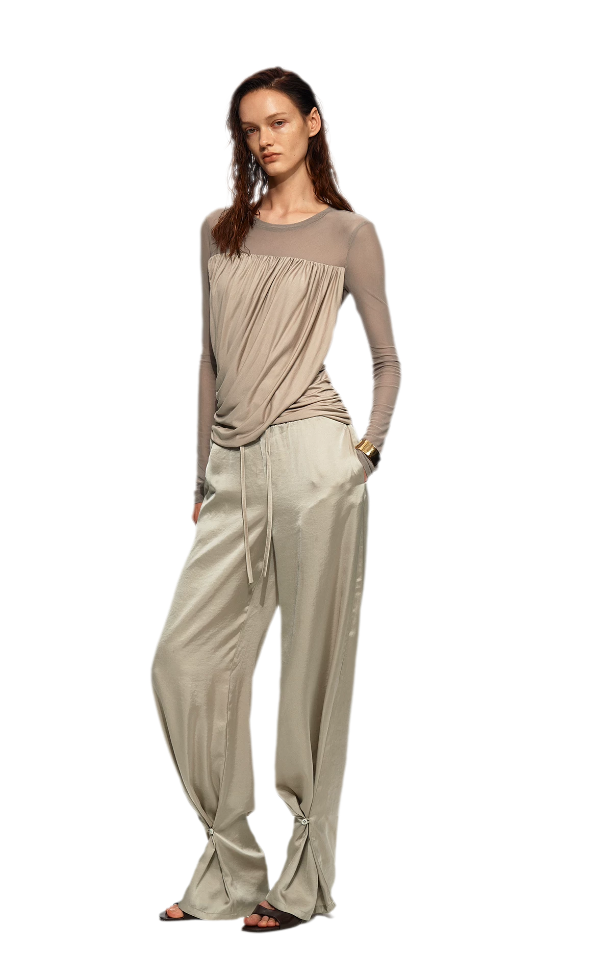 Draped Mesh Long Sleeve Tee