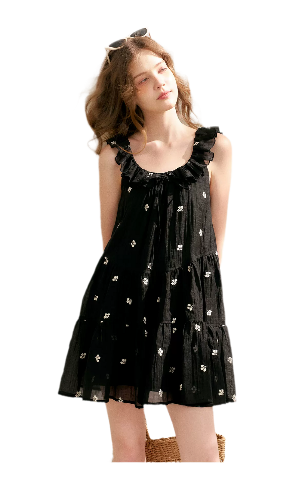 Tencel Embroidered Ruffle A-line Dress