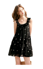 Tencel Embroidered Ruffle A-line Dress
