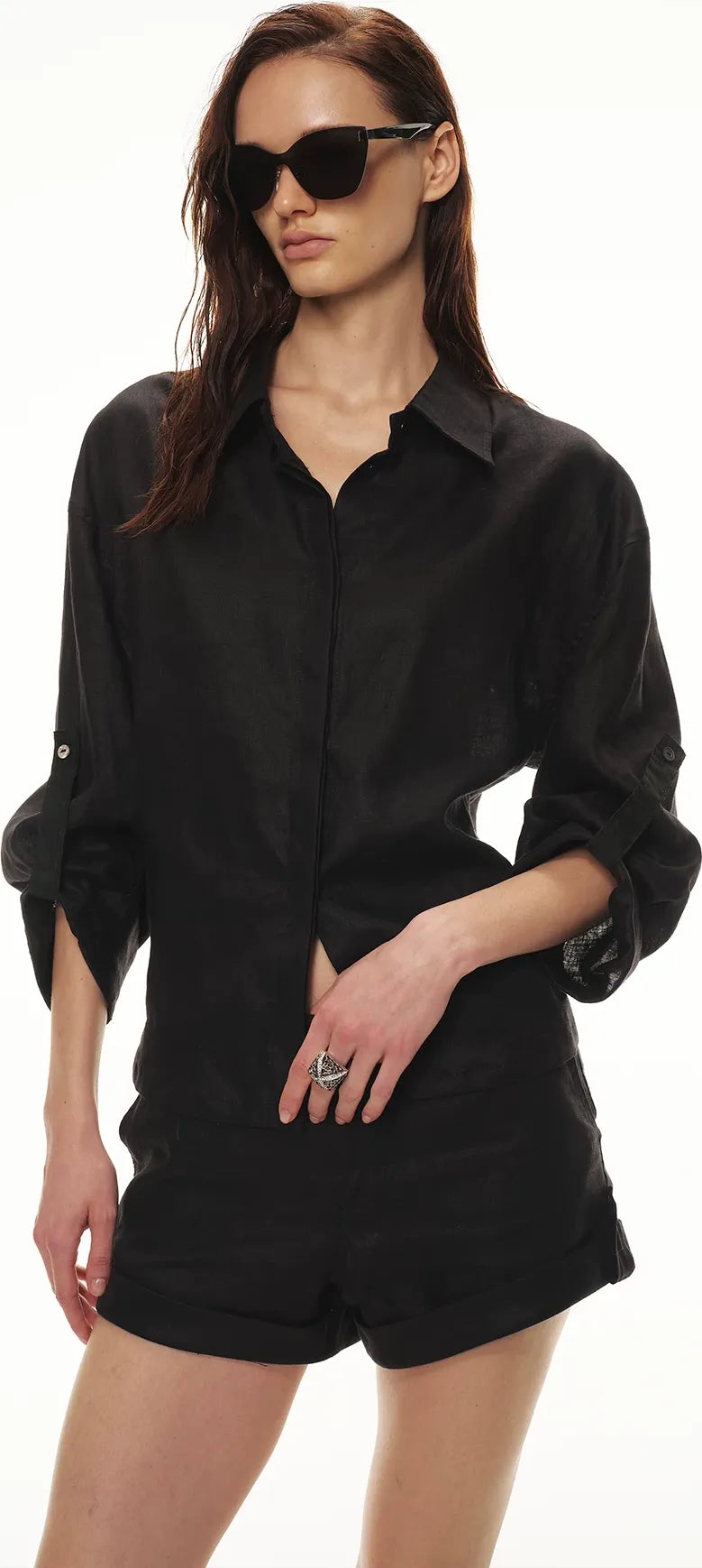 Linen Waist-Defined Shirt & Low-Rise Rolled Shorts Set
