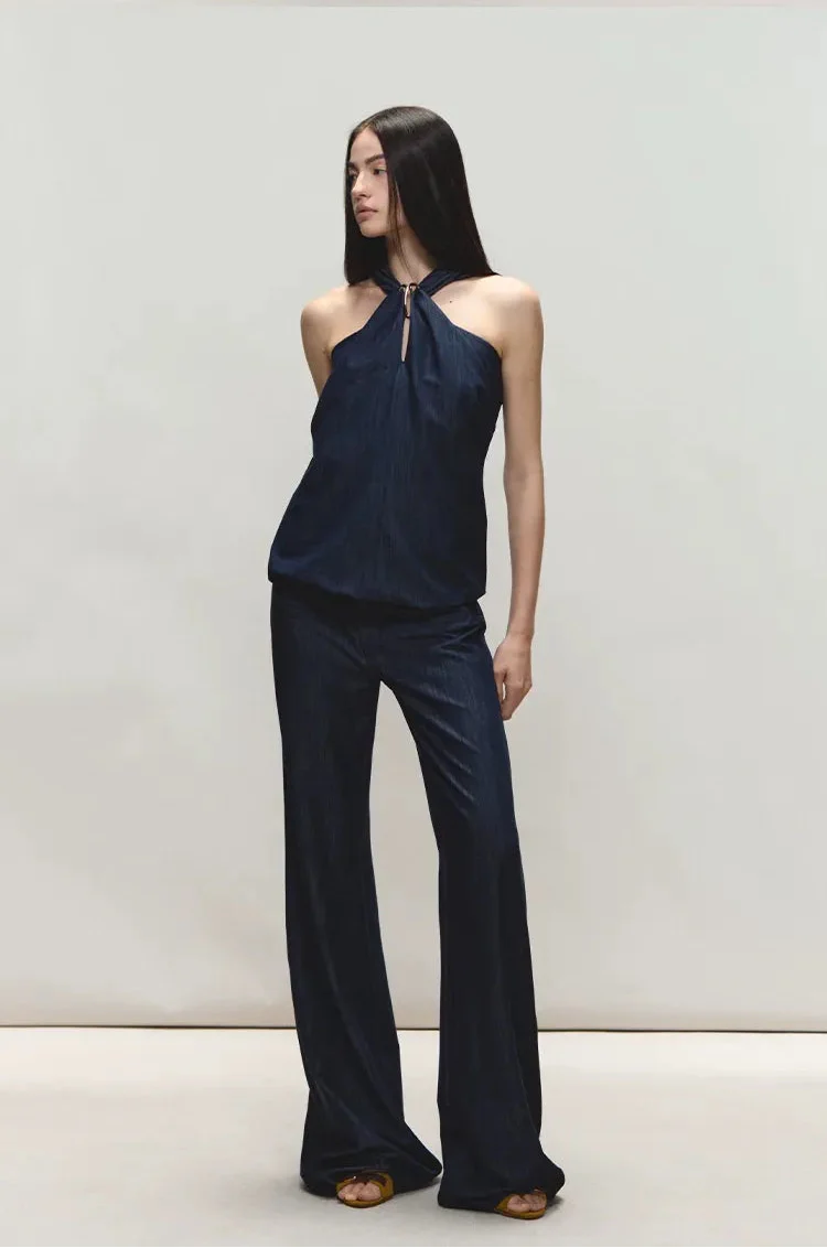 Tencel Denim Blue Hollow Halter Slim Flared Pants