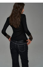 Embroidered Acetate Silk Cross-Knot Long Sleeve T-Shirt