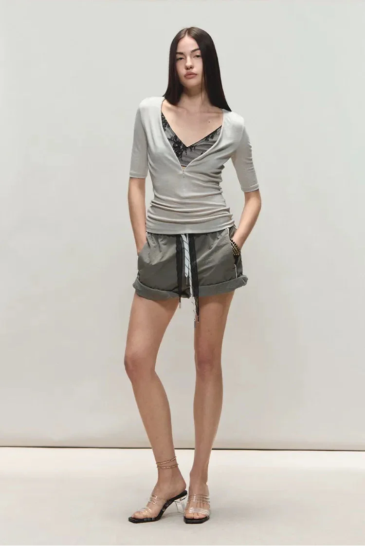 Lyocell Two-in-One Colorblock Mid-Sleeve T-Shirt
