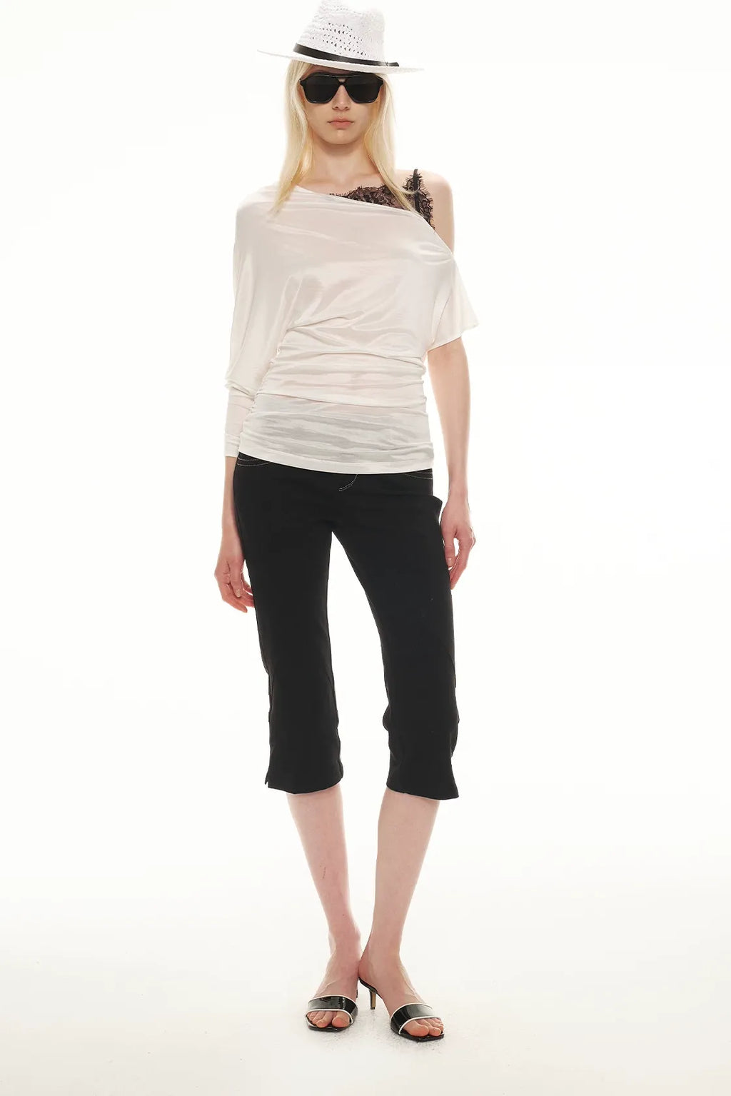 Satin Off-Shoulder Lace Trim T-Shirt