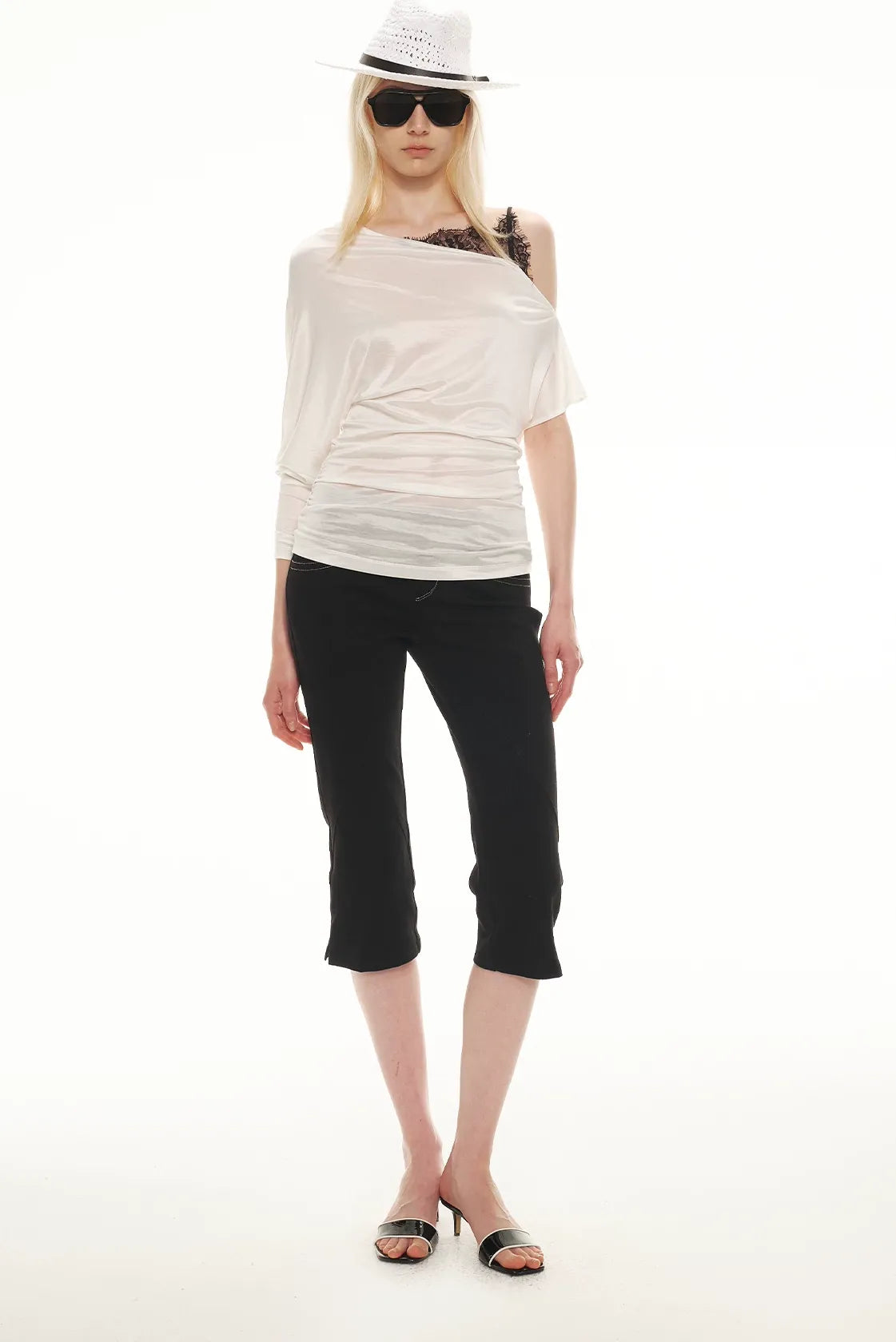 Satin Off-Shoulder Lace Trim T-Shirt