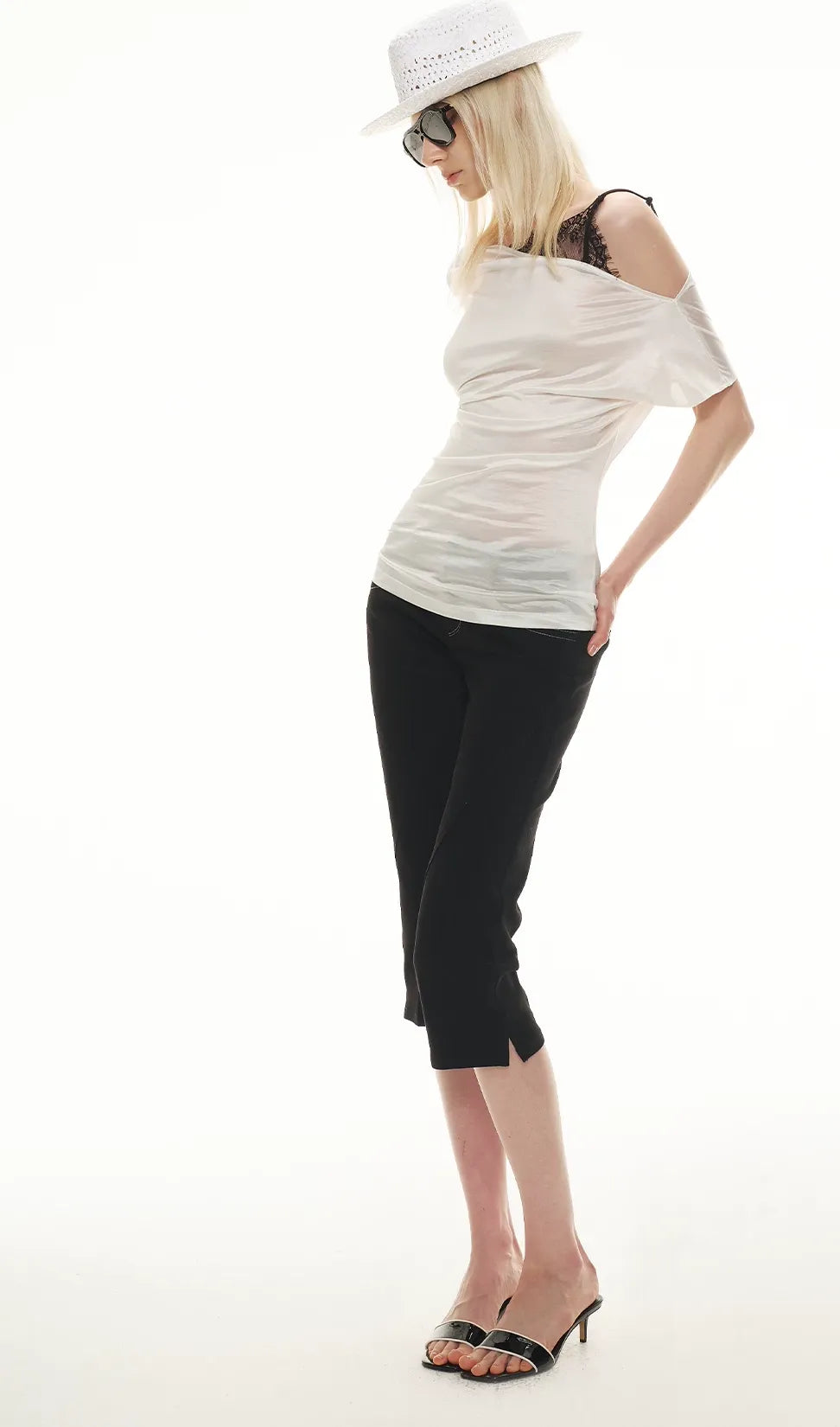 Satin Off-Shoulder Lace Trim T-Shirt