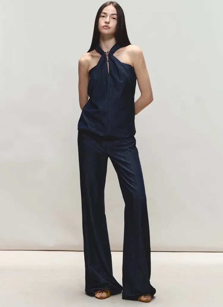 Tencel Denim Blue Hollow Halter Slim Flared Pants