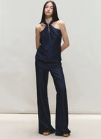 Tencel Denim Blue Hollow Halter Slim Flared Pants