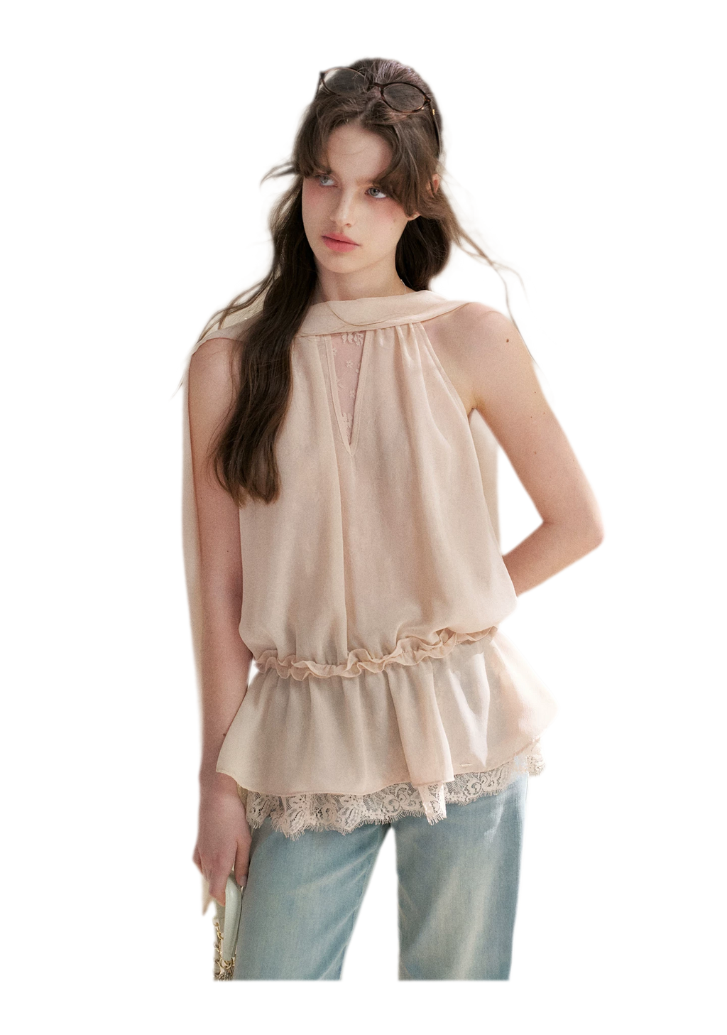 Chiffon Lace Halter V-Neck Blouse