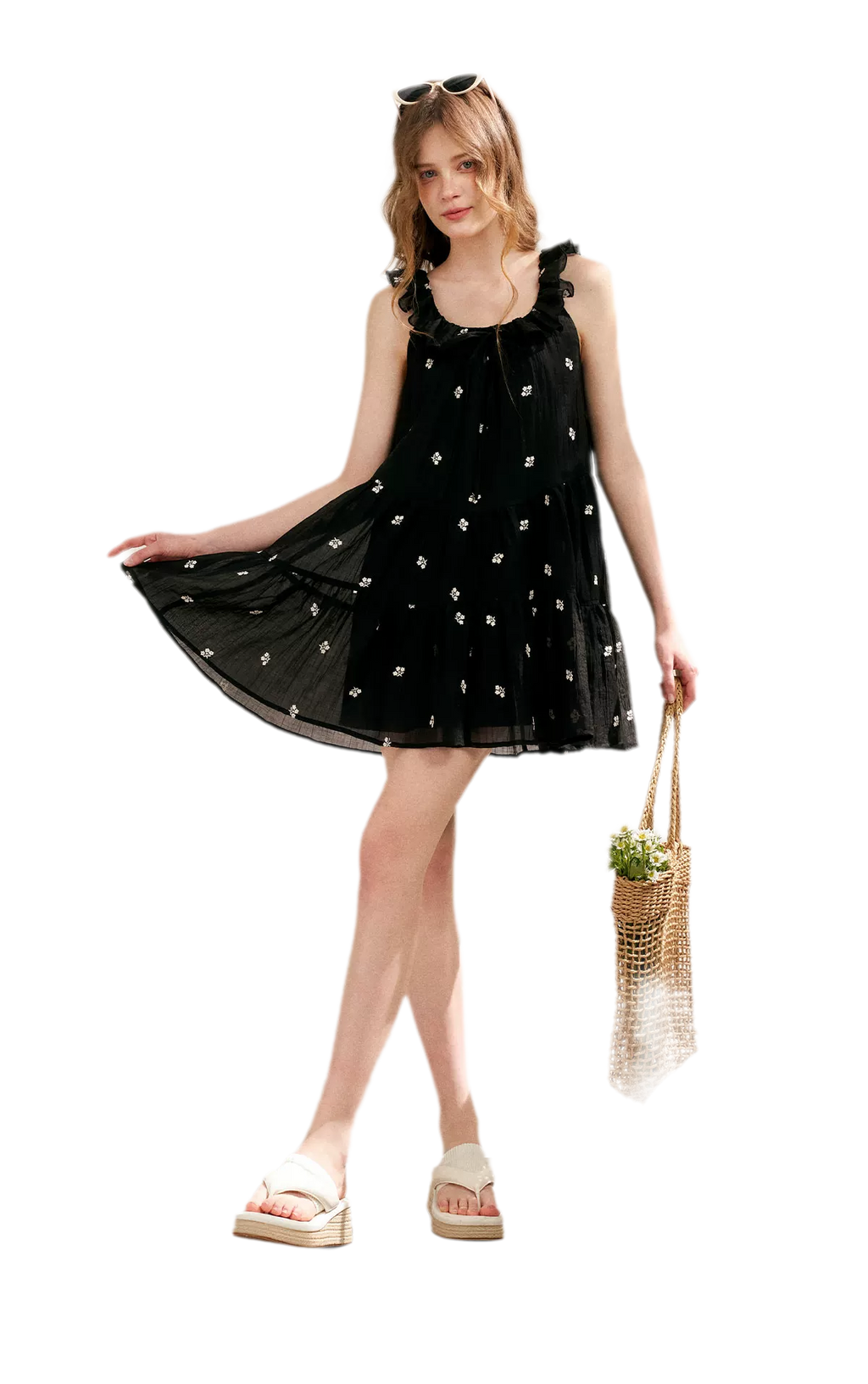 Tencel Embroidered Ruffle A-line Dress
