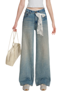 Lace-Trimmed Wide-Leg Denim Pants