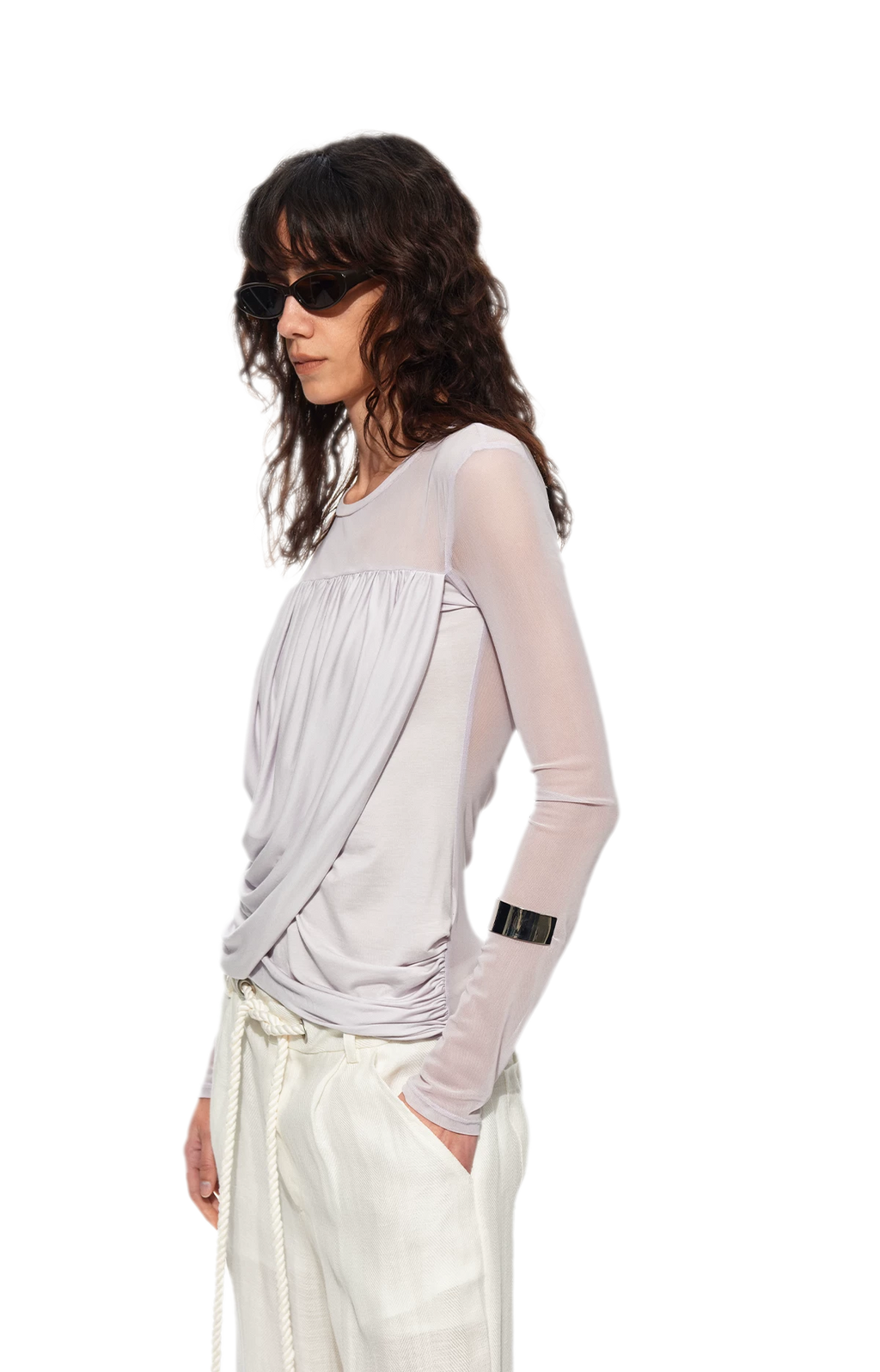 Draped Mesh Long Sleeve Tee