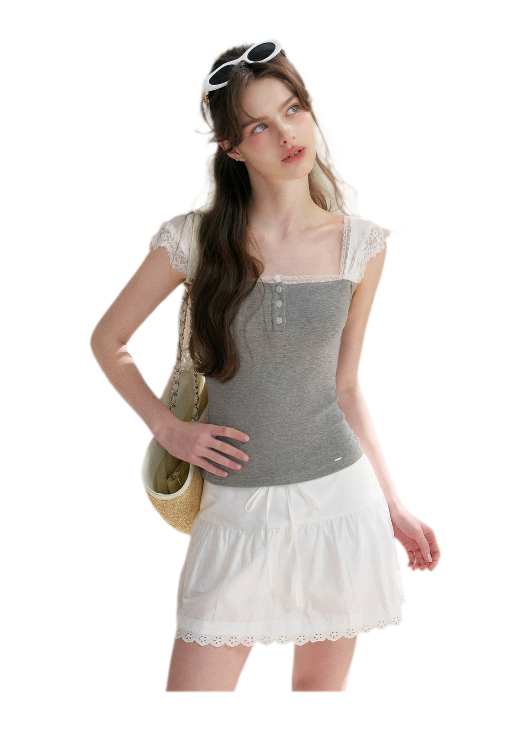 Lace Edge Wide Strap Knit T-Shirt