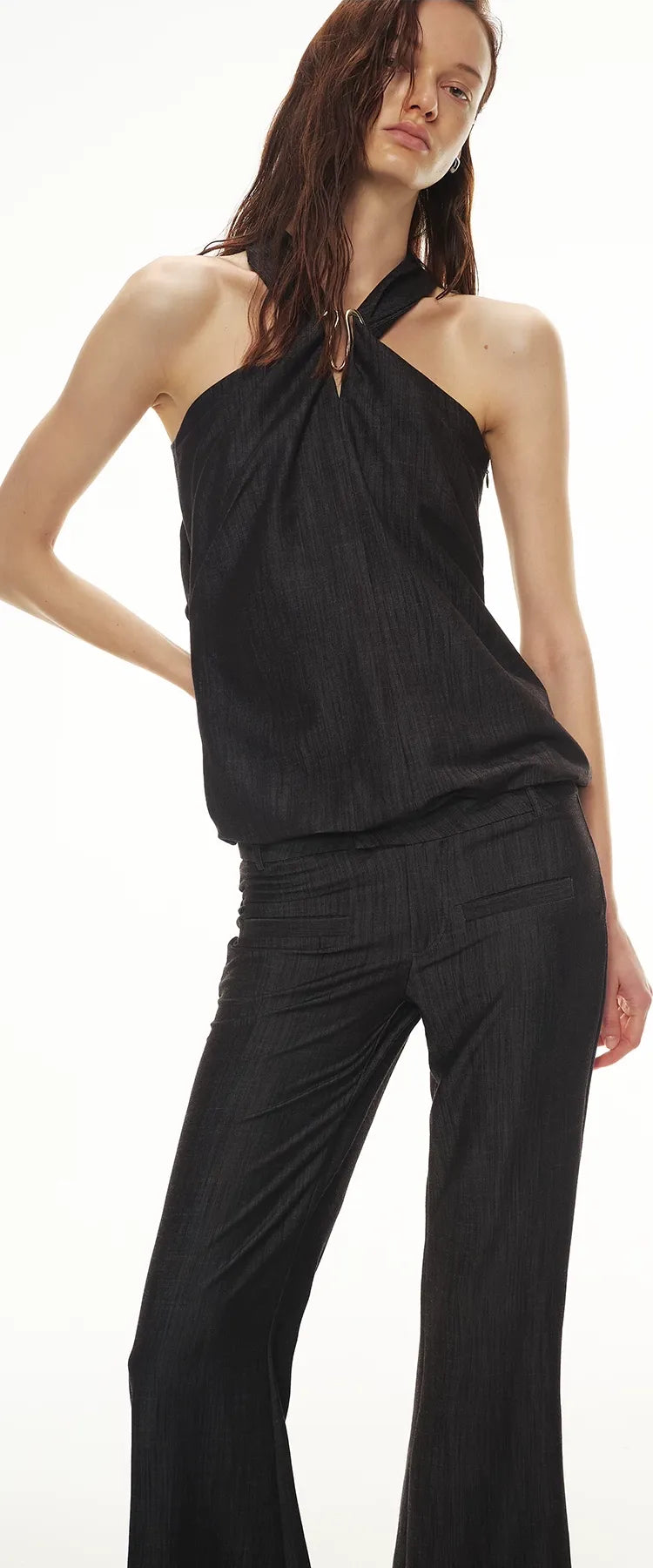 Tencel Hollow Halter Top & Flared Pants Set