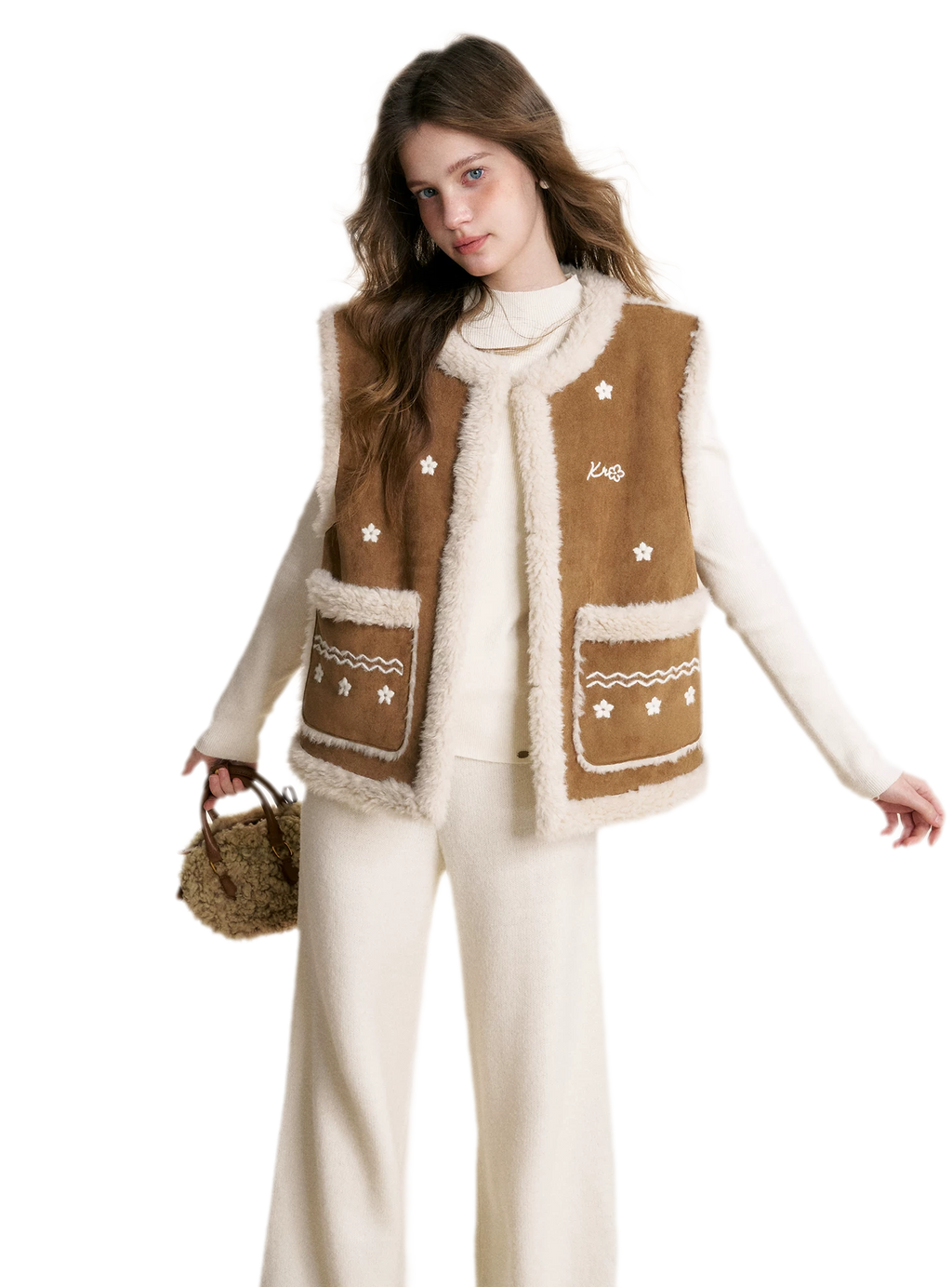 Shearling Floral Embroidered Vest