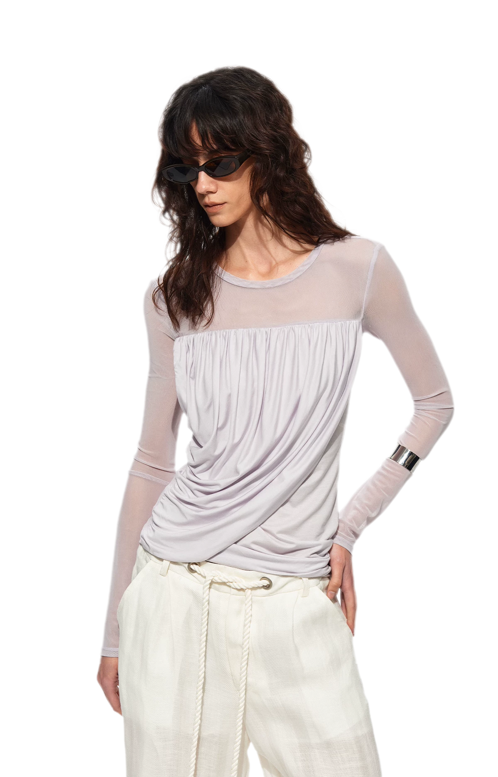 Draped Mesh Long Sleeve Tee