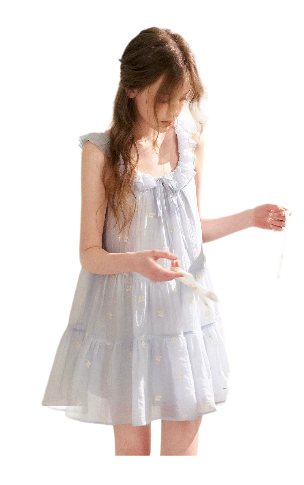 Tencel Embroidered Ruffle A-line Dress