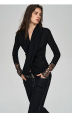 Embroidered Acetate Silk Cross-Knot Long Sleeve T-Shirt