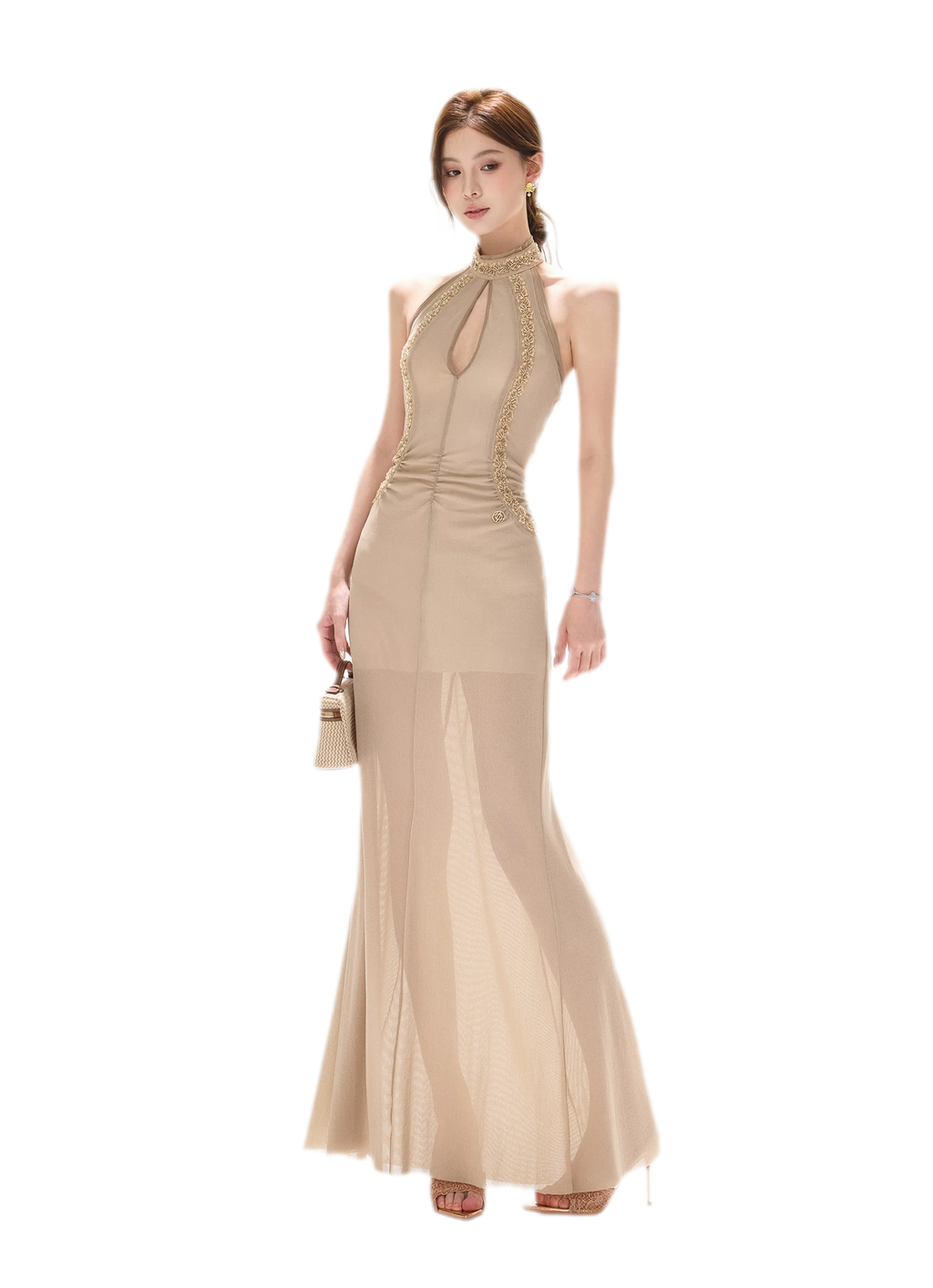 Beaded Halter Mesh Gown