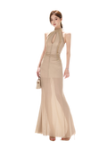 Beaded Halter Mesh Gown