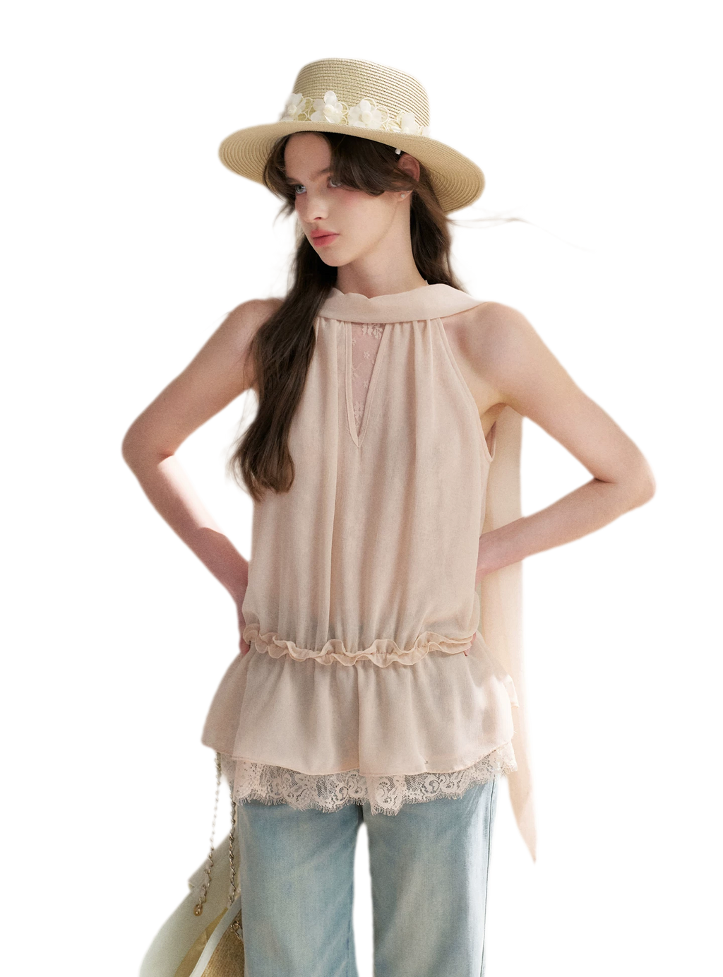 Chiffon Lace Halter V-Neck Blouse