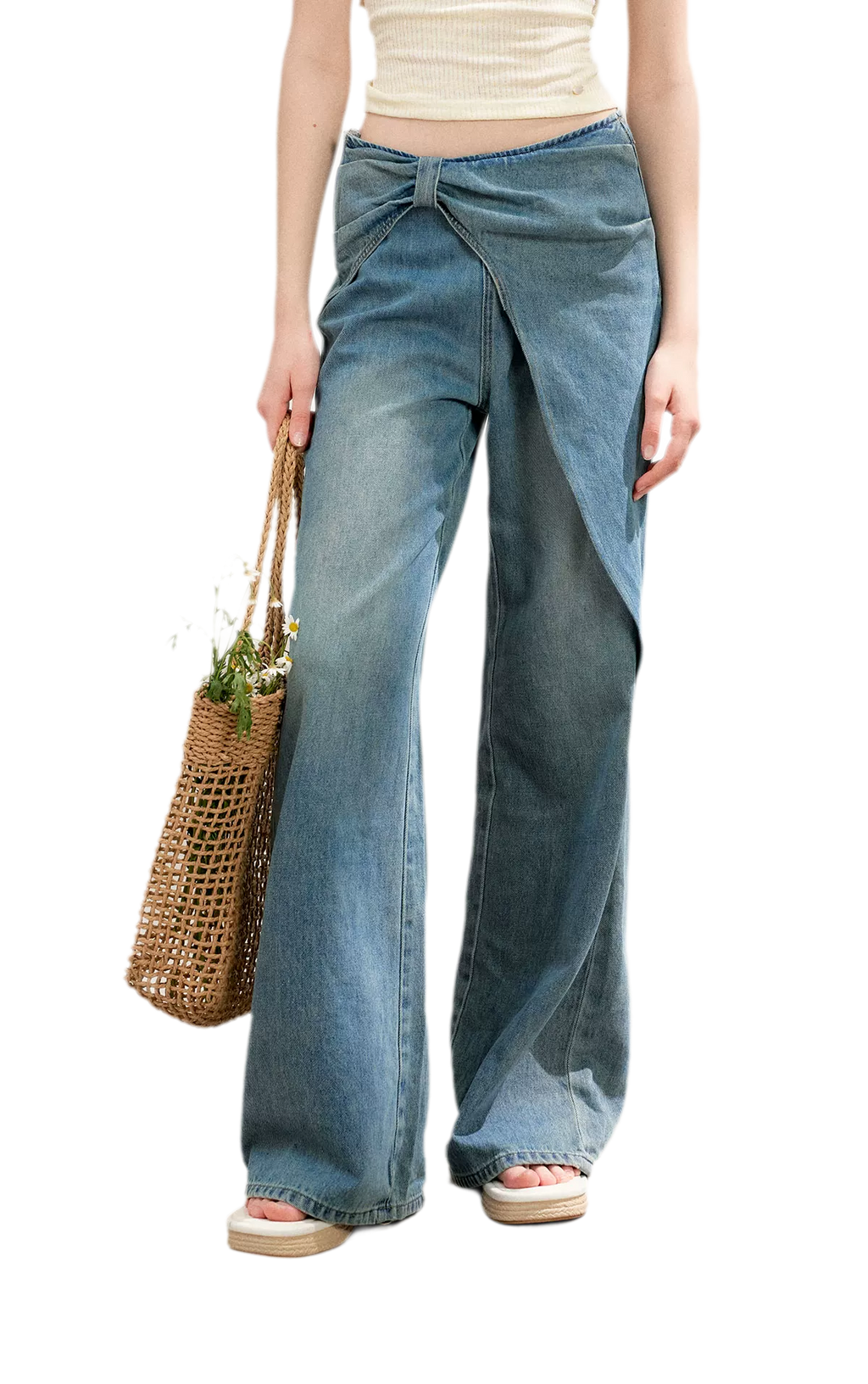 Soft Cotton Wide-Leg Jeans with Bow Detail