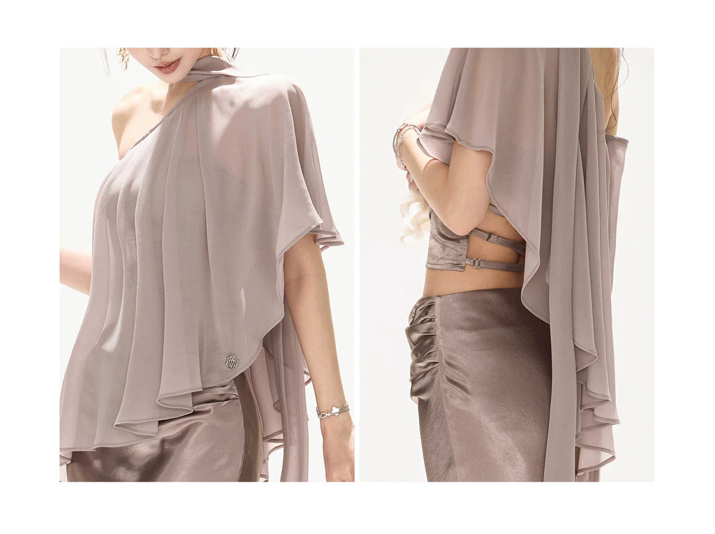 Elegant Asymmetric Chiffon Shawl Top with Built-in Bustier