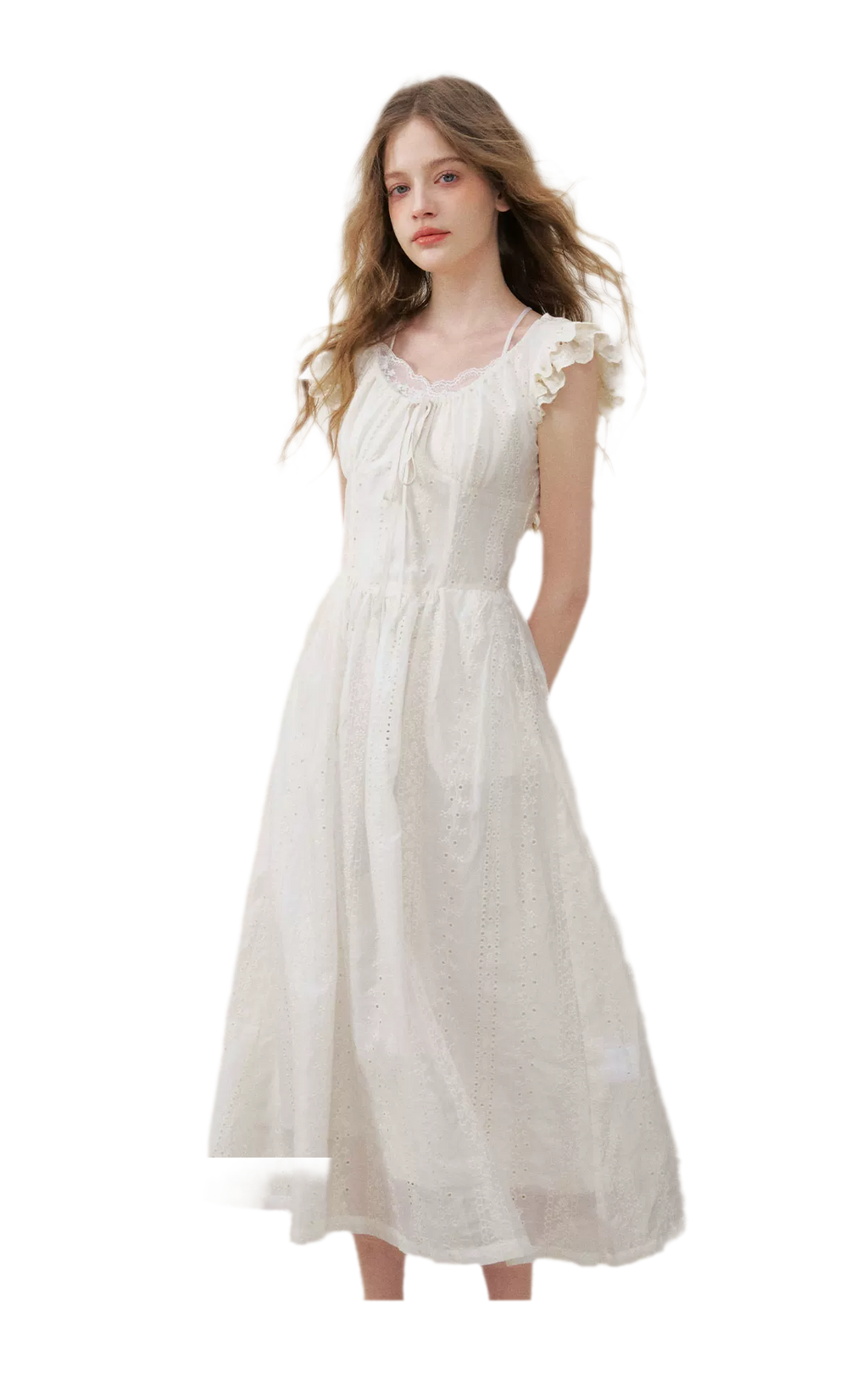 Embroidered Flutter Sleeve Dress