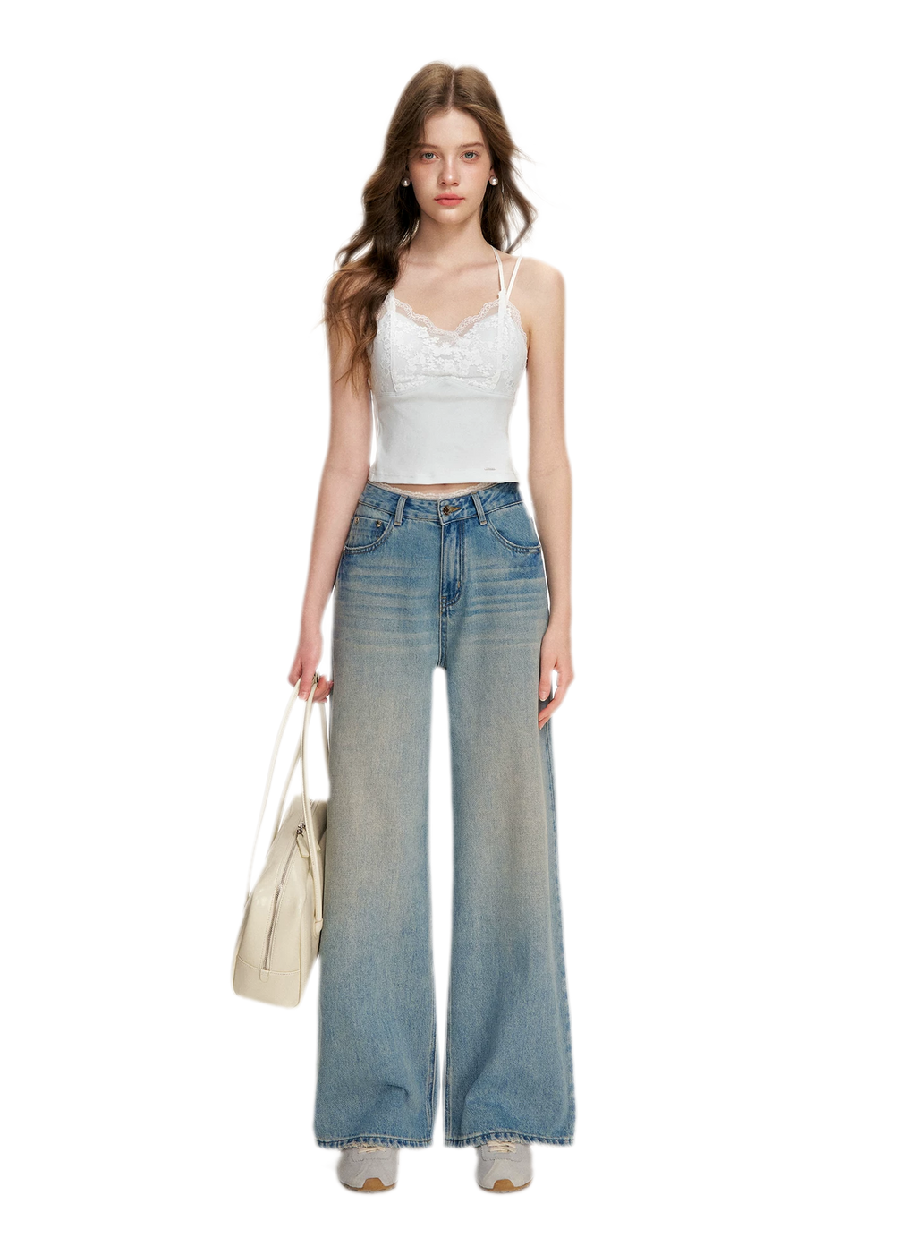 Lace-Trimmed Wide-Leg Denim Pants