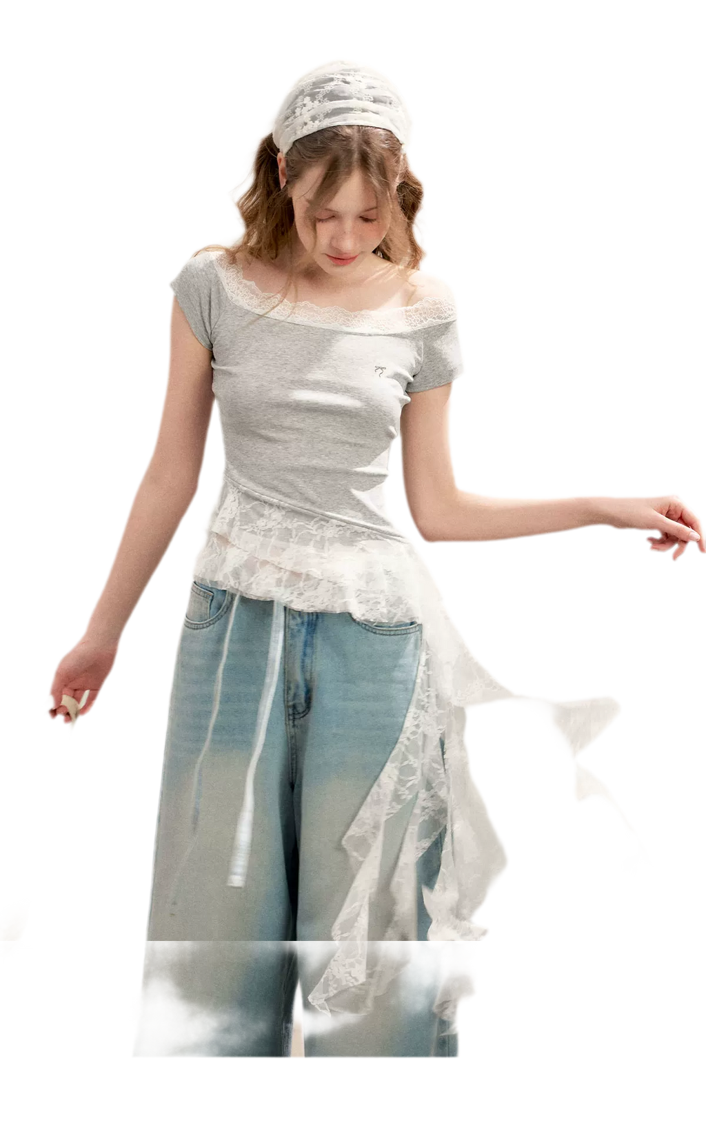 Asymmetric Lace Off-Shoulder T-Shirt