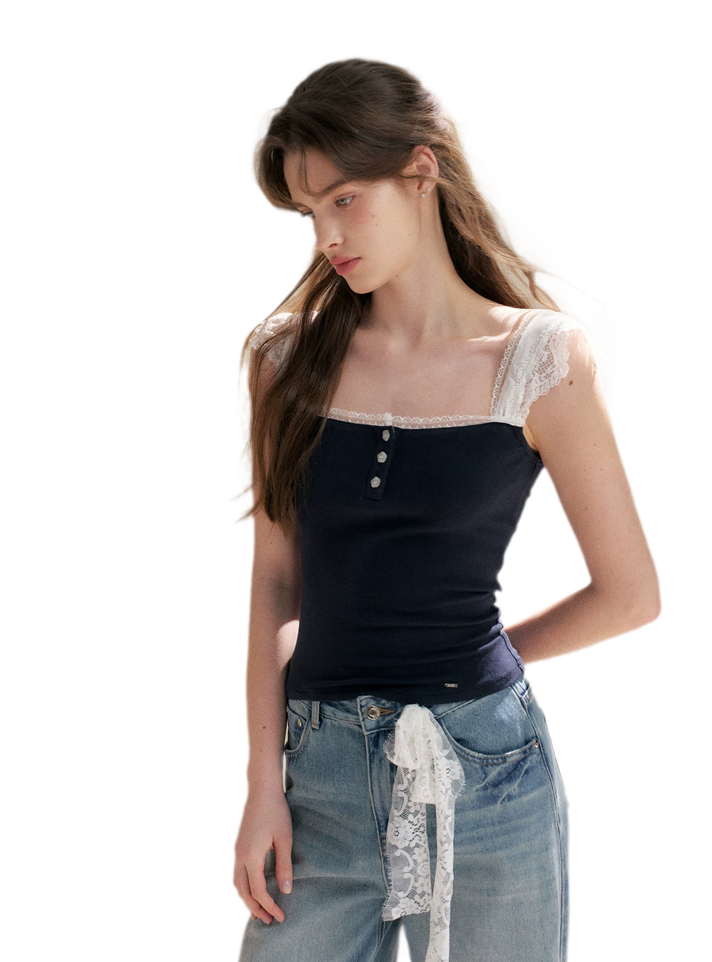 Lace Edge Wide Strap Knit T-Shirt