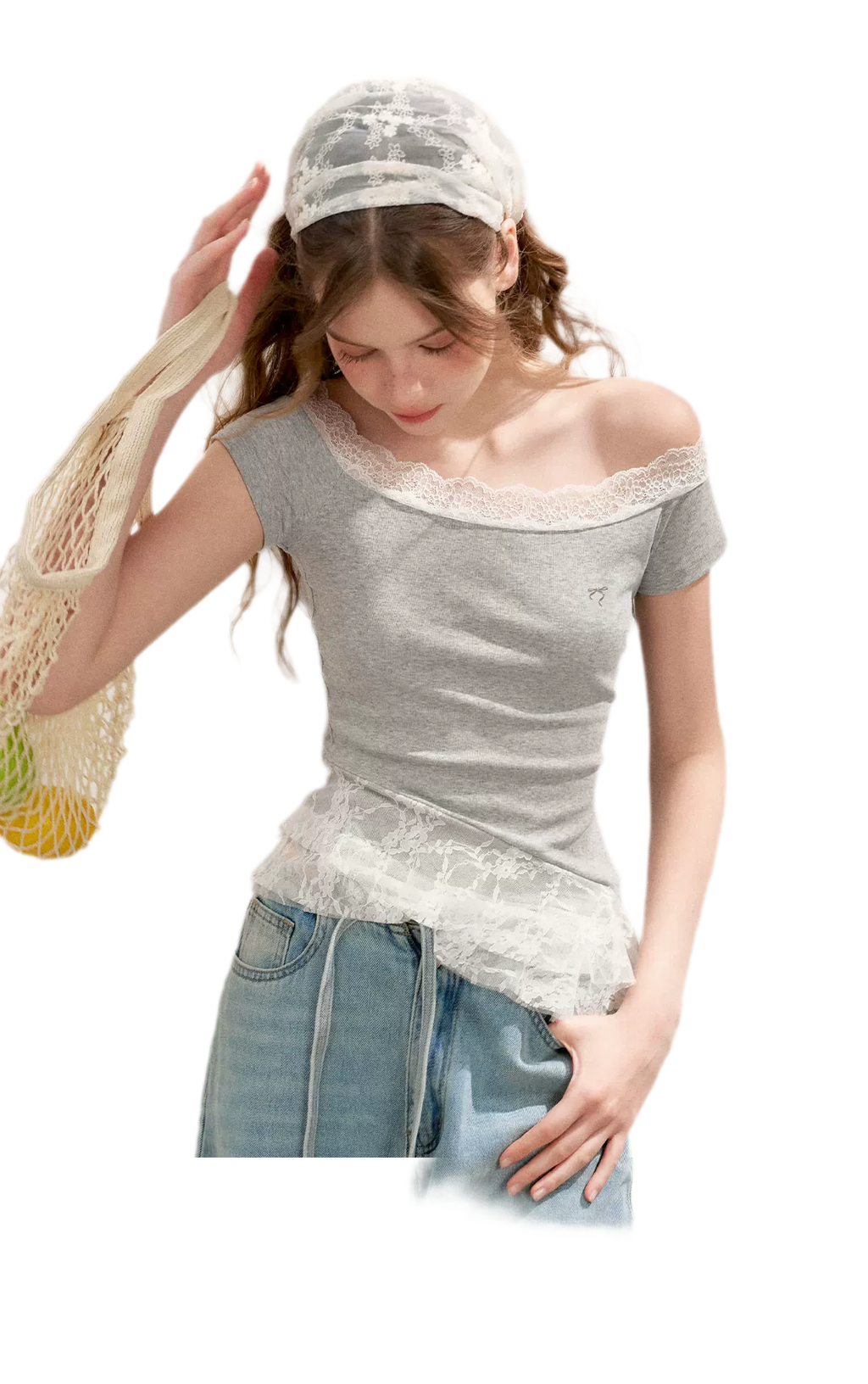 Asymmetric Lace Off-Shoulder T-Shirt