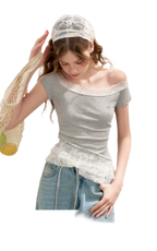 Asymmetric Lace Off-Shoulder T-Shirt